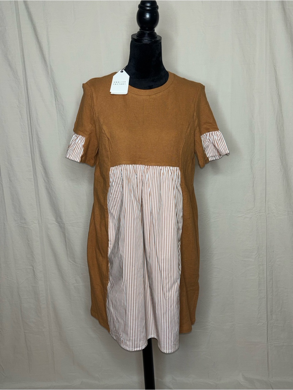 NWT English Factory Brown Midi Dress with Striped Front Panel